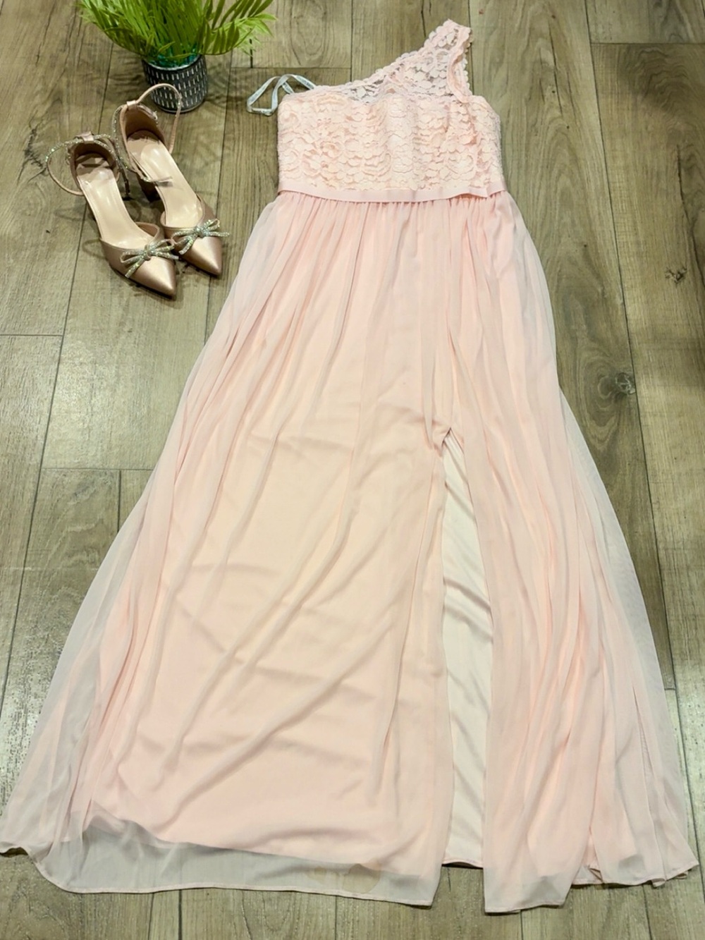 David's Bridal Pale Pink One-Shoulder Lace & Chiffon Gown